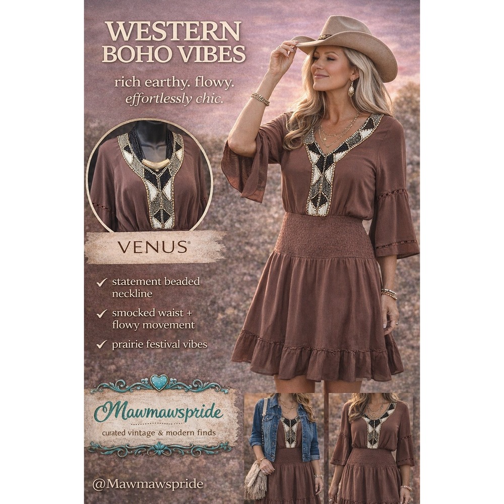 Venus Brown Boho Beaded V-Neck Smocked Waist Ruffle Hem Mini Dress Womens Small